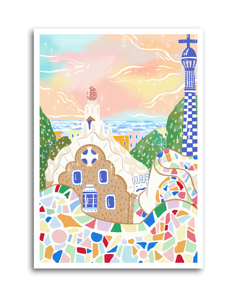 Barcelona physical art print styled in a lifestyle flat lay with props, capturing colorful mosaic elements and dreamy sky tones.