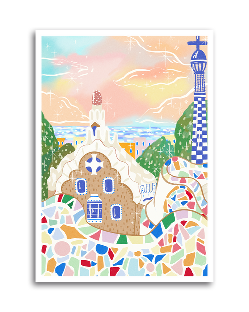 Barcelona physical art print styled in a lifestyle flat lay with props, capturing colorful mosaic elements and dreamy sky tones.