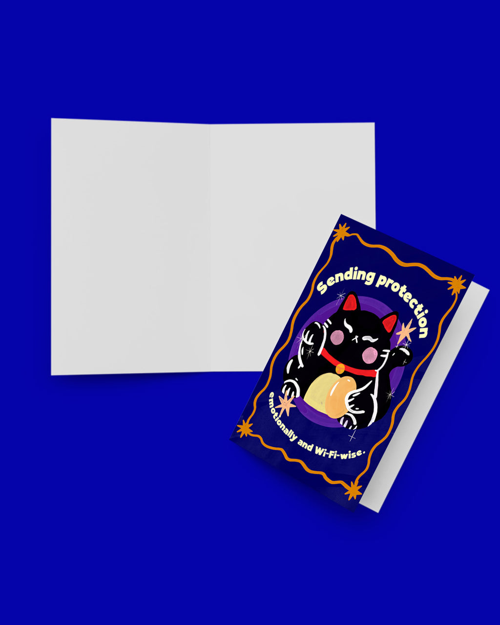 Card with a black cat design and text on a blue background