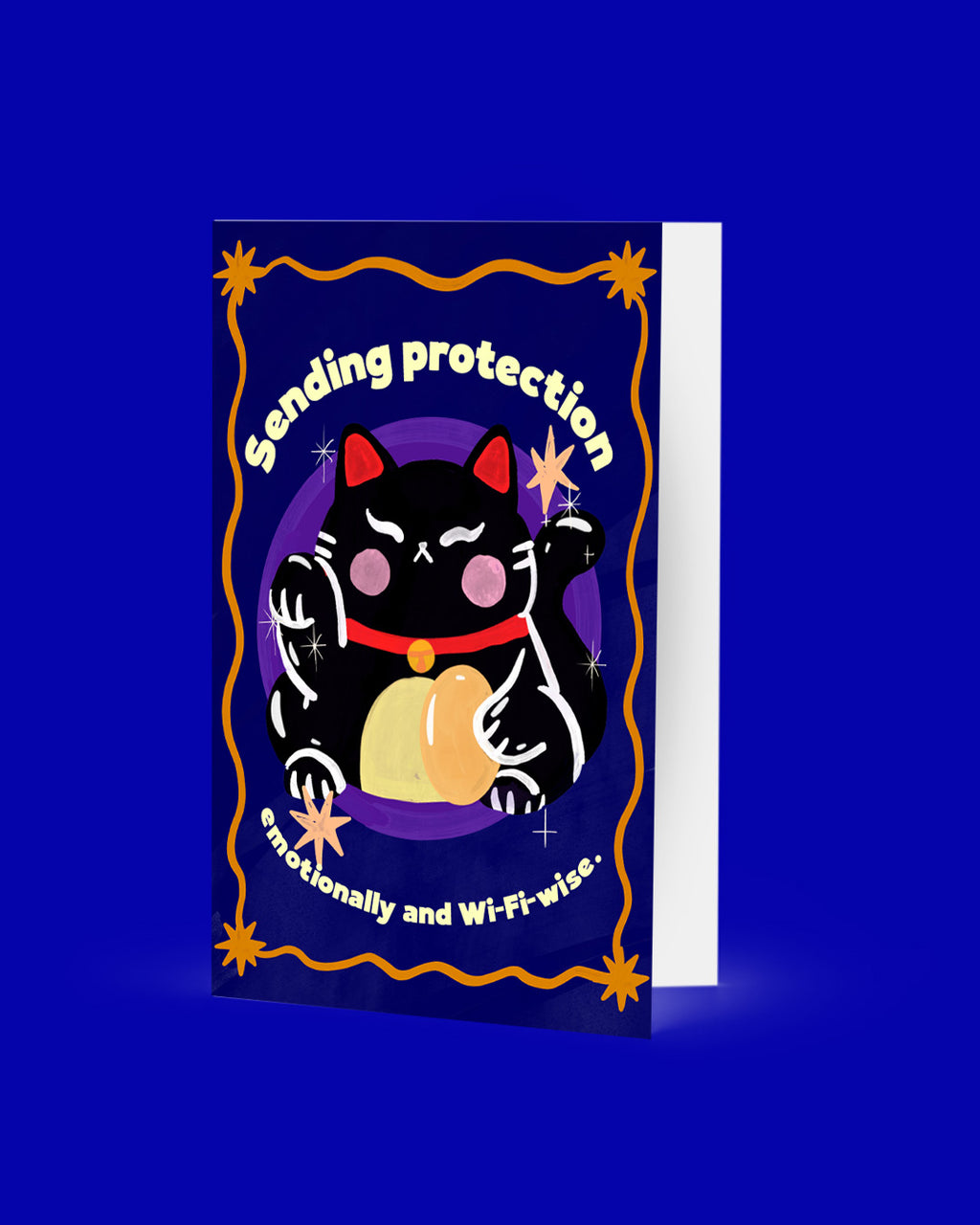 Greeting card with a black cat illustration and text on a blue background