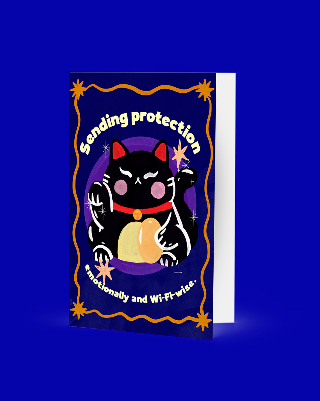 Greeting card with a black cat illustration and text on a blue background