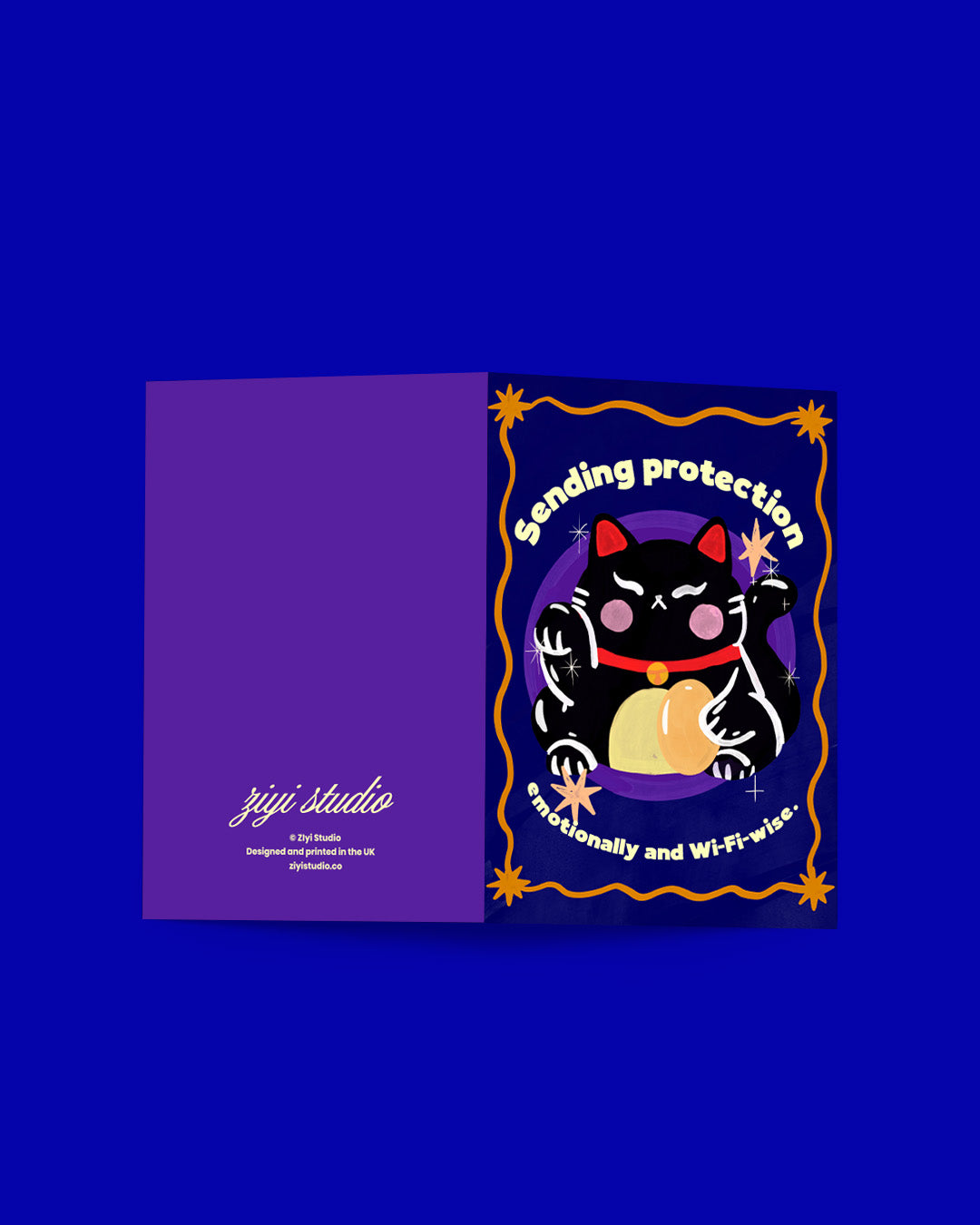 Card with a black cat illustration and text on a blue background