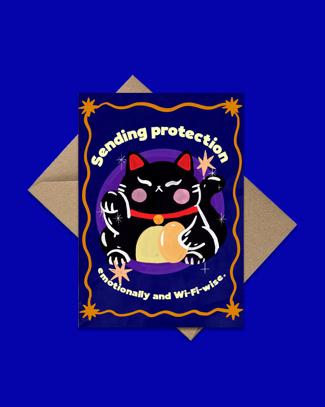 Greeting card with a black cat illustration and text on a blue background