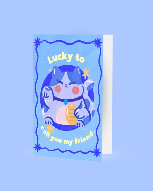 Card with a cartoon cat and text on a blue background