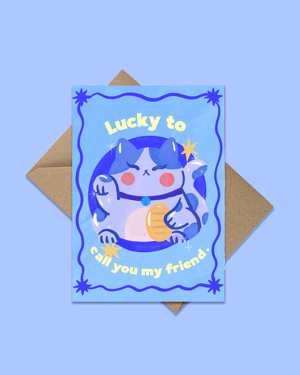 Greeting card with a cartoon cat illustration and text on a blue background
