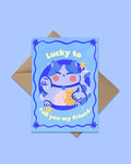 Greeting card with a cartoon cat illustration and text on a blue background