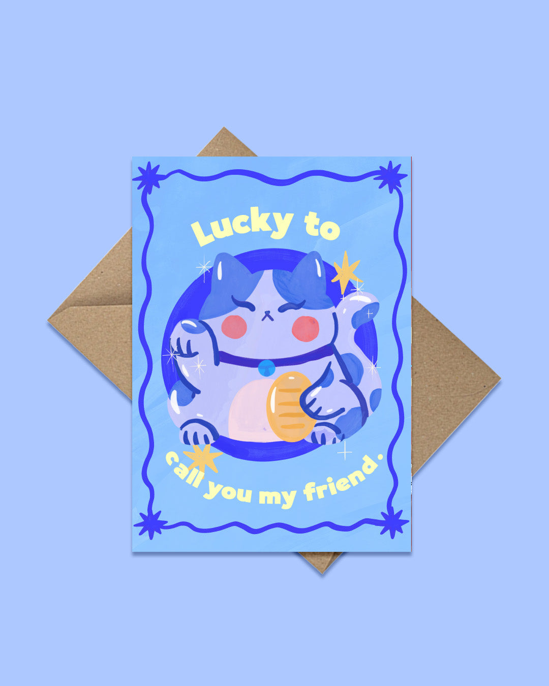 Greeting card with a cartoon cat illustration and text on a blue background