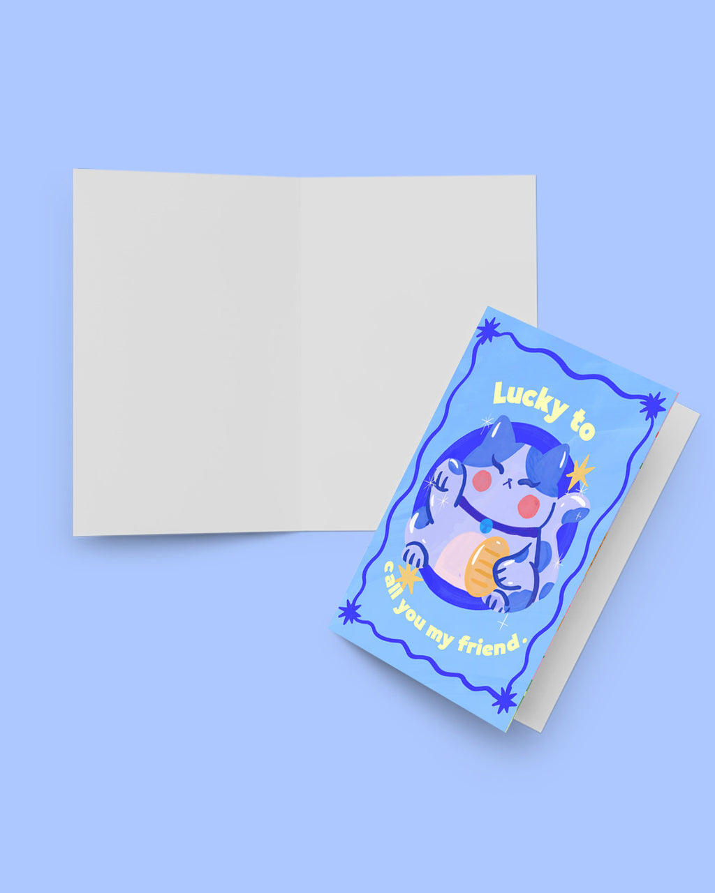 Greeting card with cartoon character and envelope on a blue background