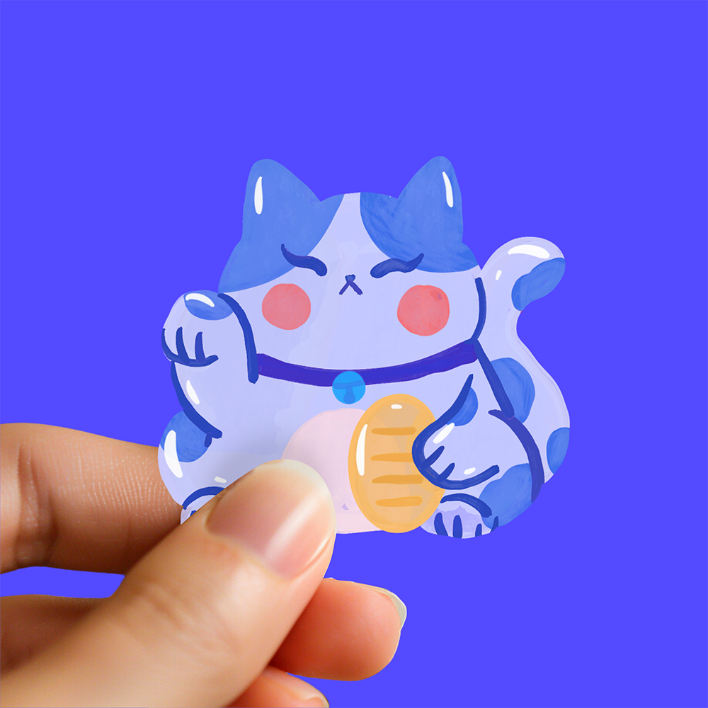 Blue lucky cat Maneki-neko waterproof vinyl sticker for harmony and peace, Japanese fortune cat by London artist