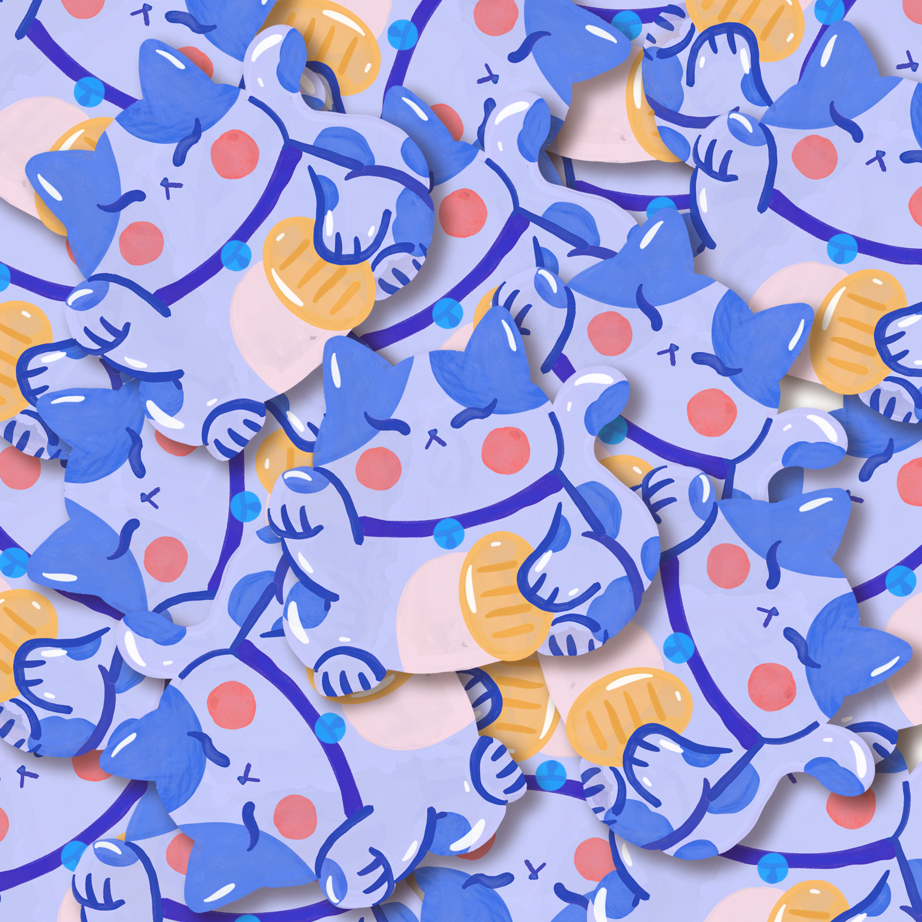 Multiple blue lucky cat stickers with glossy finish, harmony and peace Maneki-neko by London artist