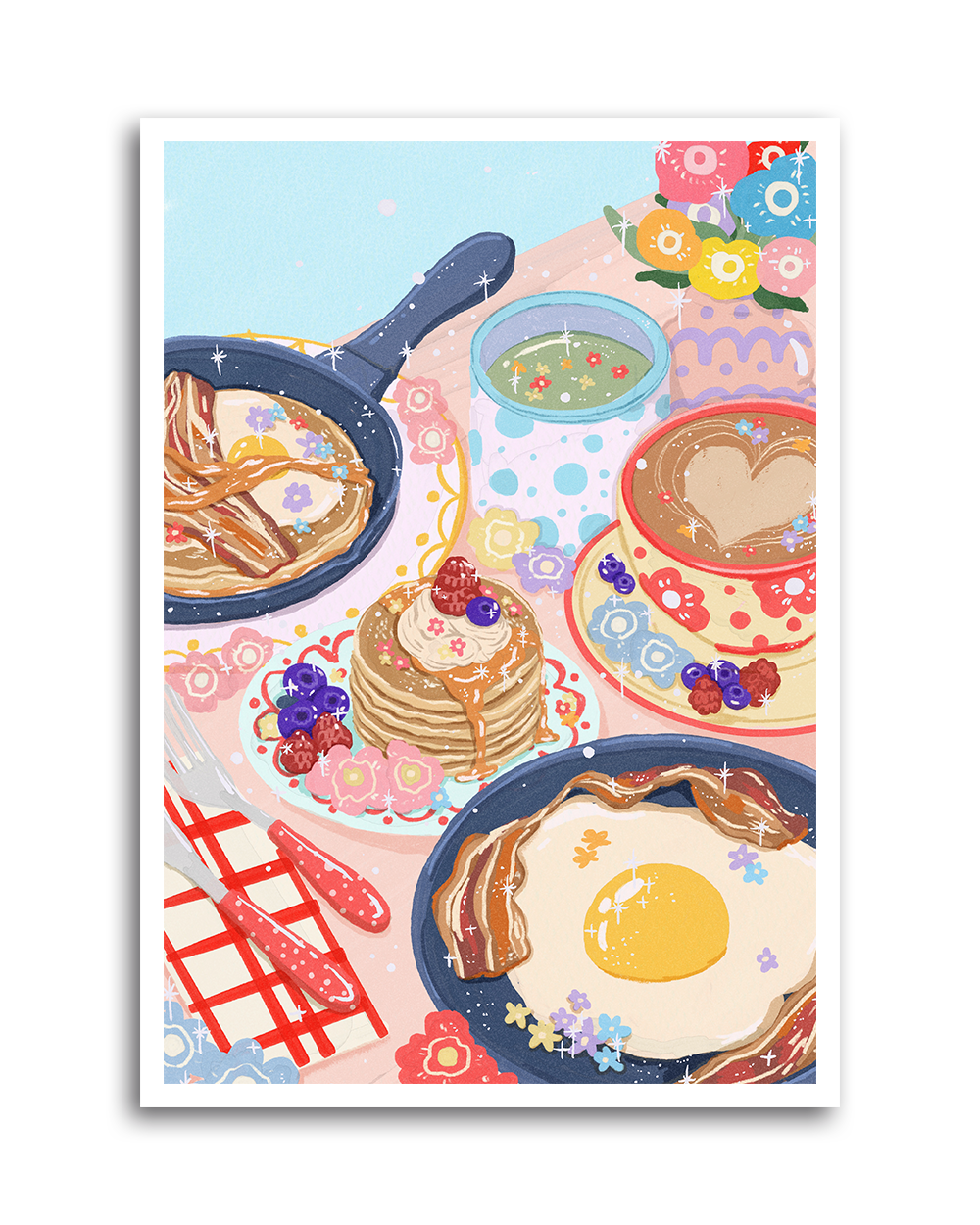 Illustrated art print of a whimsical breakfast scene with pancakes, bacon, eggs, coffee, green tea, berries, and floral details. Cozy brunch vibe by Ziyi Studio.