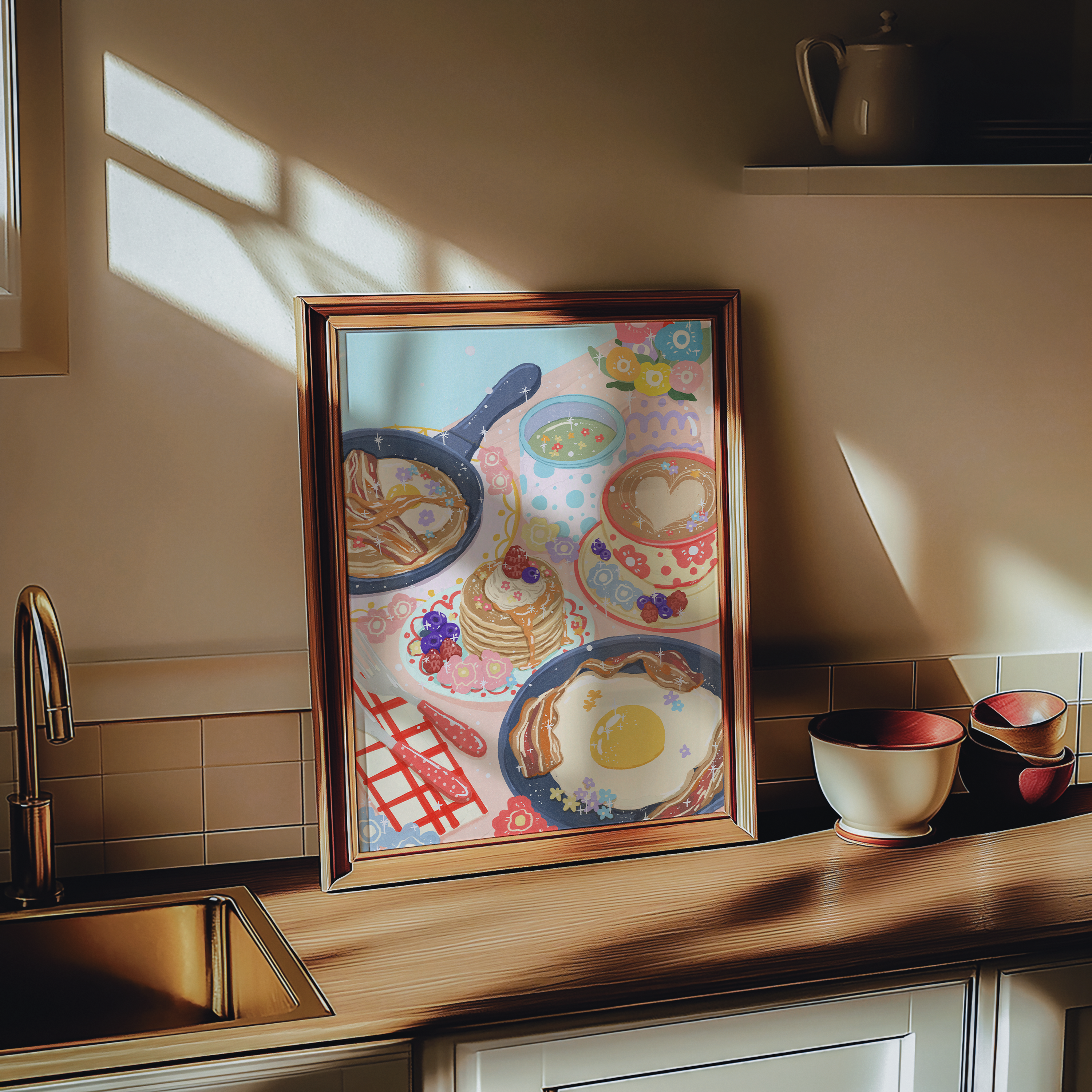 Illustrated art print of a whimsical breakfast scene with pancakes, bacon, eggs, coffee, green tea, berries, and floral details. Cozy brunch vibe by Ziyi Studio.