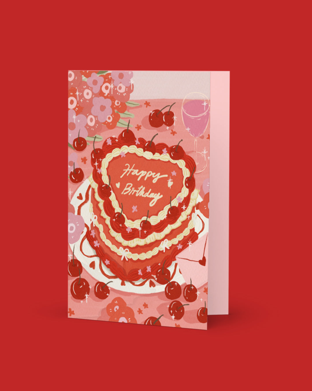 Cherry Heart Cake Birthday Greeting Card