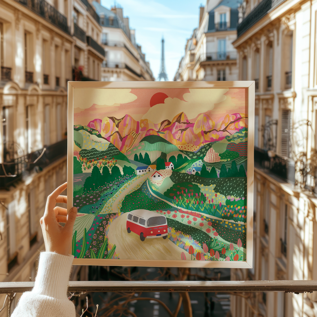 Let's Go On A Trip colourful campervan landscape art print held up in Paris street by Ziyi Studio London