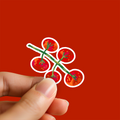 holding a glossy vinyl sticker of a cherry tomato vine, white border, against solid red background. Food-themed sticker by Ziyi Studio.