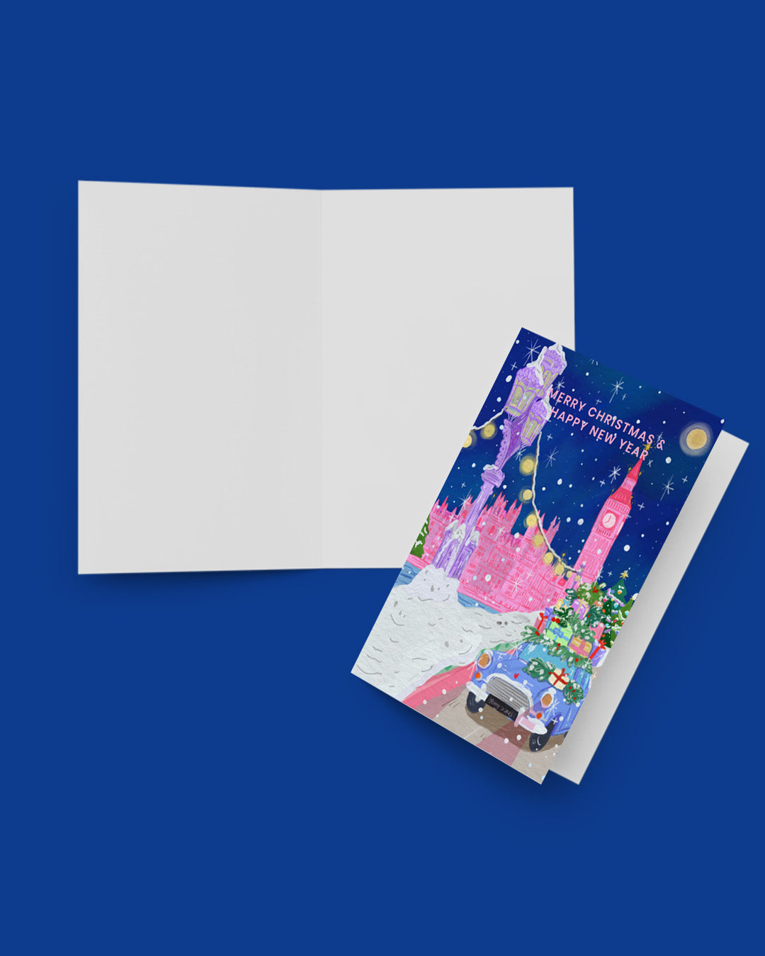 Greeting card with festive design and envelope on a blue background