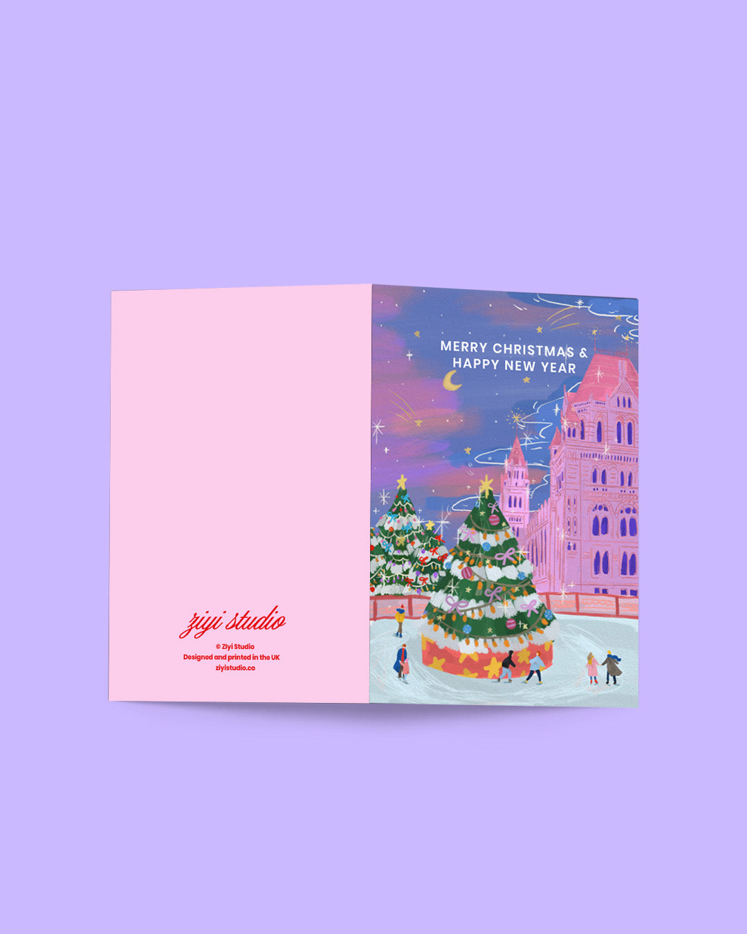 Christmas card with festive design on a pink background