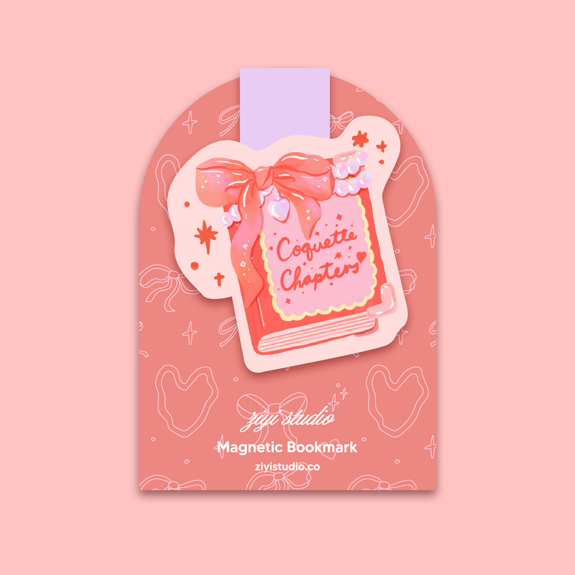 Magnetic bookmark with a heart design on a pink background