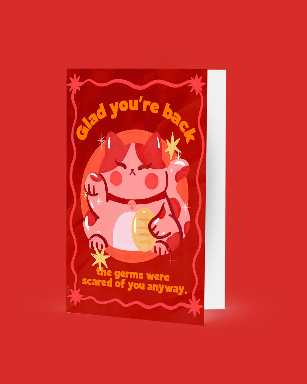 Greeting card with cartoon character and text on a red background