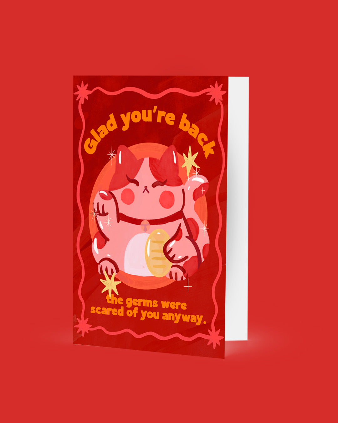 Greeting card with cartoon character and text on a red background