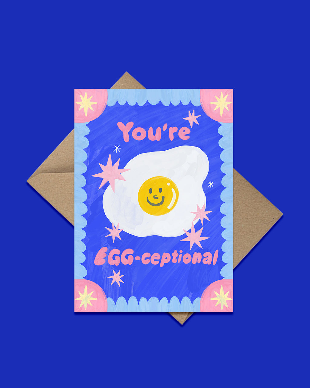 Greeting card with a smiling egg illustration and text on a blue background