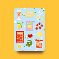 Italian summer-themed sticker sheet featuring hand-drawn illustrations of lemons, tomatoes, Aperol spritz, Negroni, pasta, and olives on a blue background.
