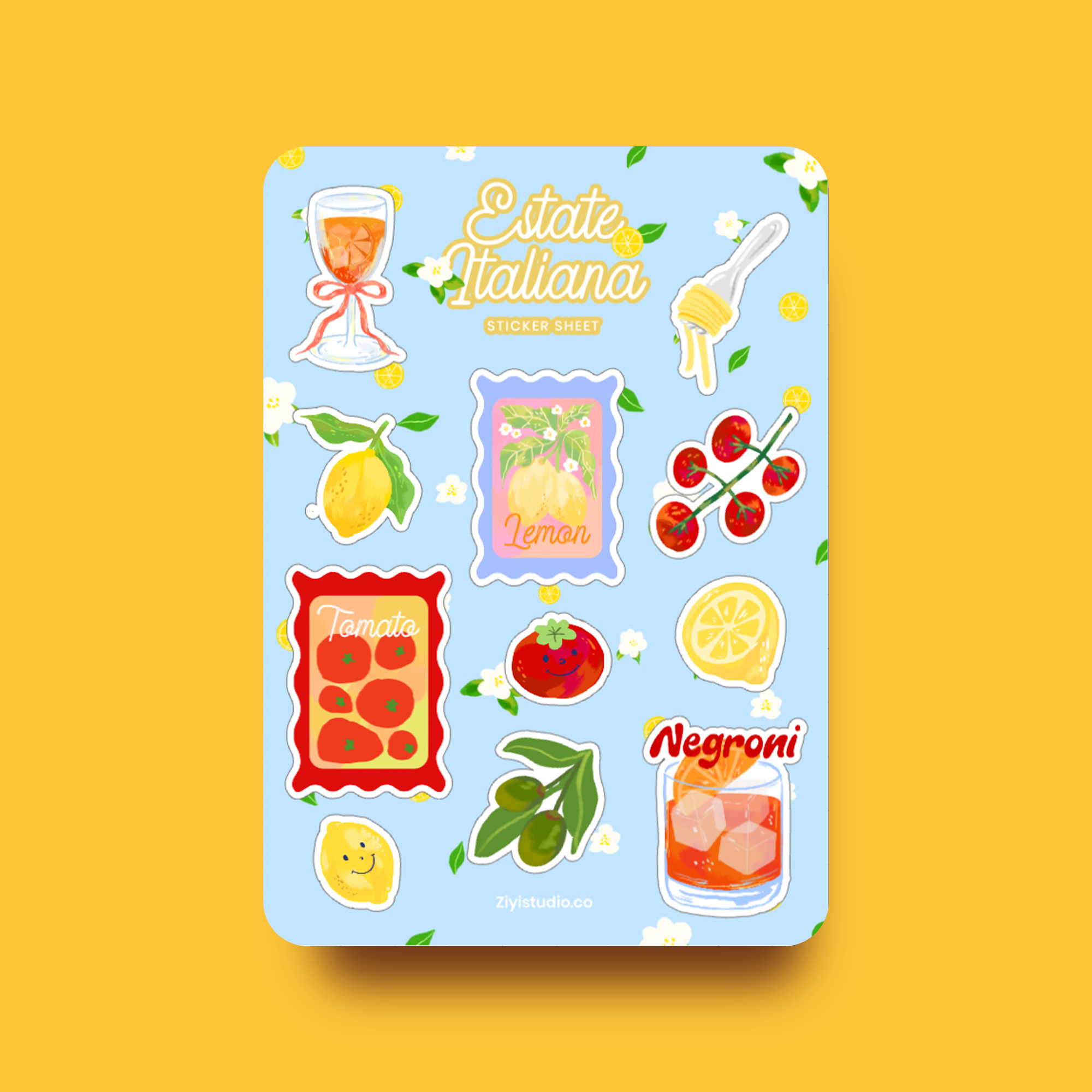 Italian summer-themed sticker sheet featuring hand-drawn illustrations of lemons, tomatoes, Aperol spritz, Negroni, pasta, and olives on a blue background.

