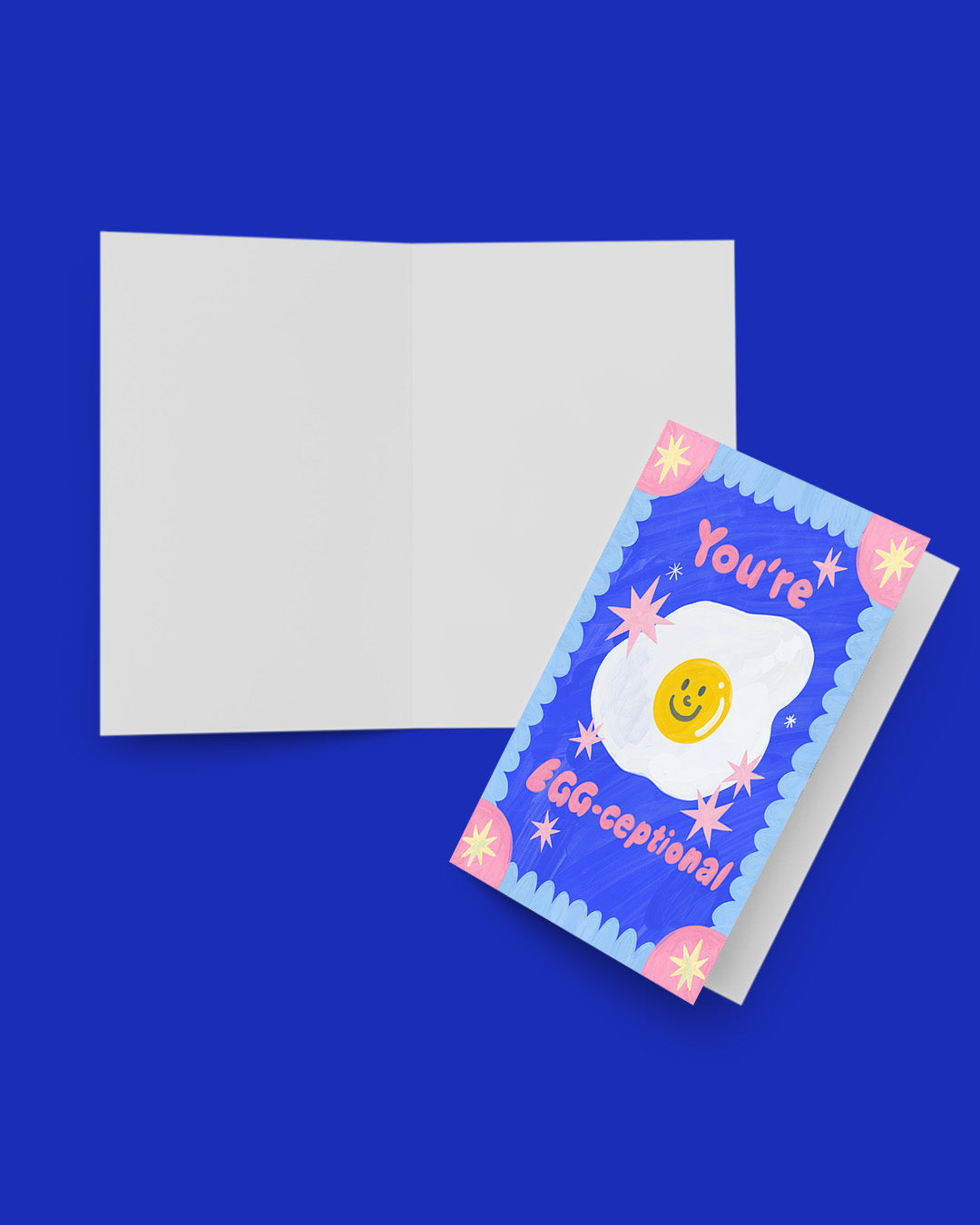Greeting card with an egg illustration and 'You're EGG-ceptional!' text on a blue background
