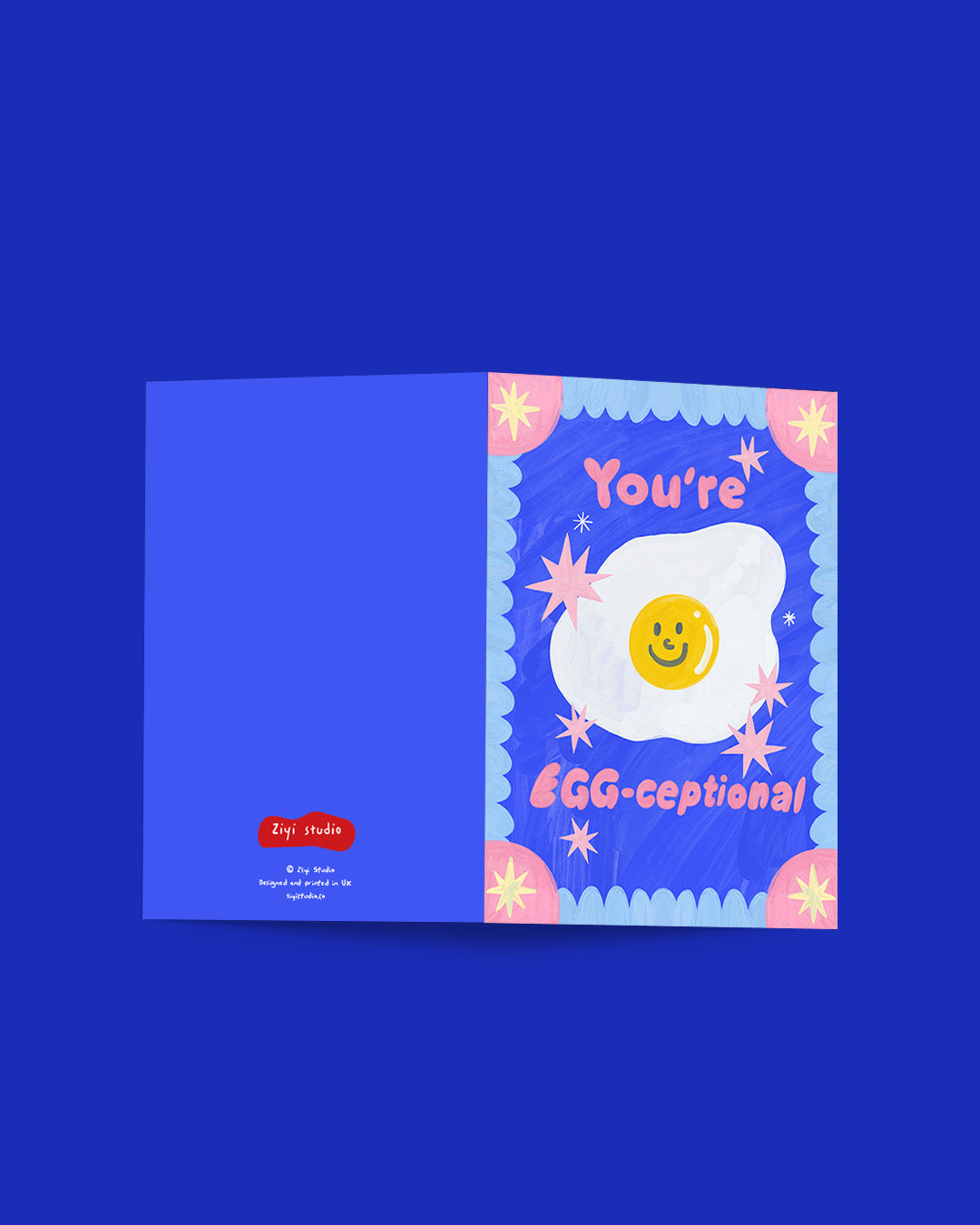 Card with a smiley face egg illustration and text 'You're EGG-ceptional' on a blue background