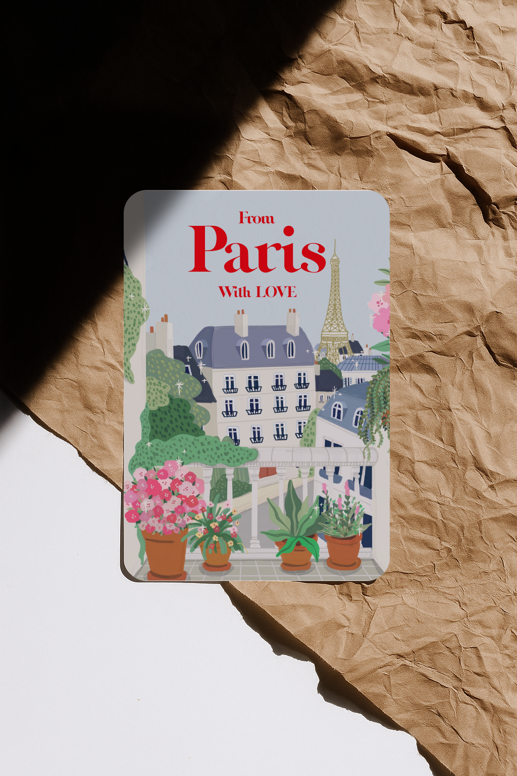 From Paris With Love postcard featuring Eiffel Tower and Parisian rooftops illustration