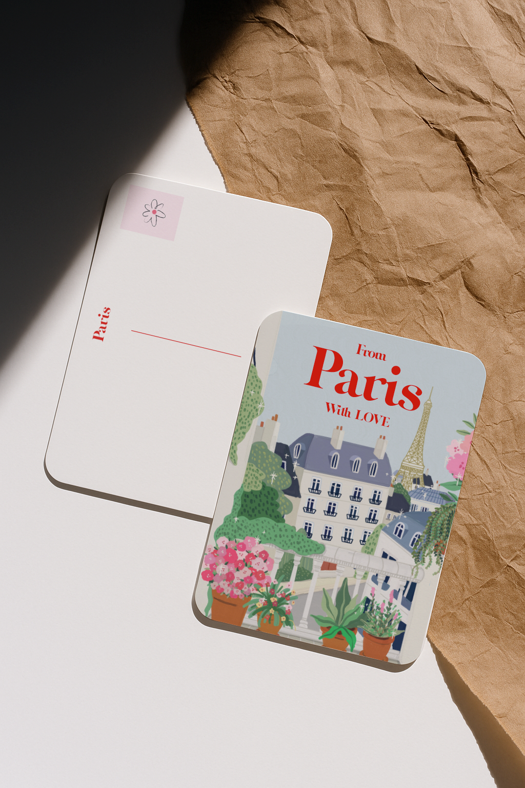 llustrated postcard with Paris terrace flowers and city skyline