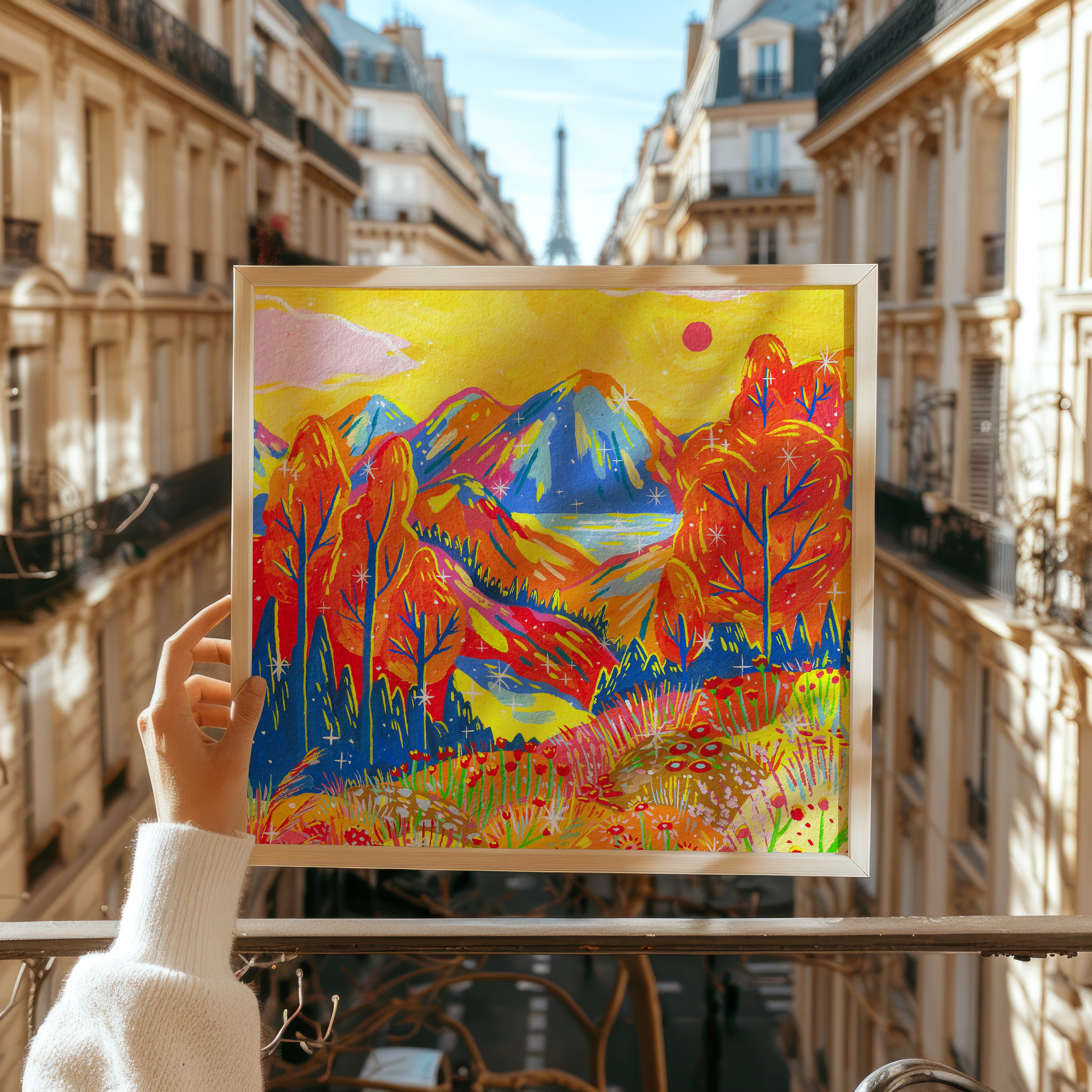 Hand-painted landscape art print titled “Golden Forest,” featuring vibrant autumn trees, glowing mountains, and colorful florals. Physical print by Ziyi Studio.