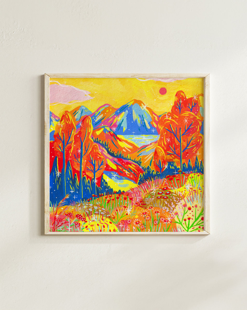 Hand-painted landscape art print titled “Golden Forest,” featuring vibrant autumn trees, glowing mountains, and colorful florals. Physical print by Ziyi Studio.