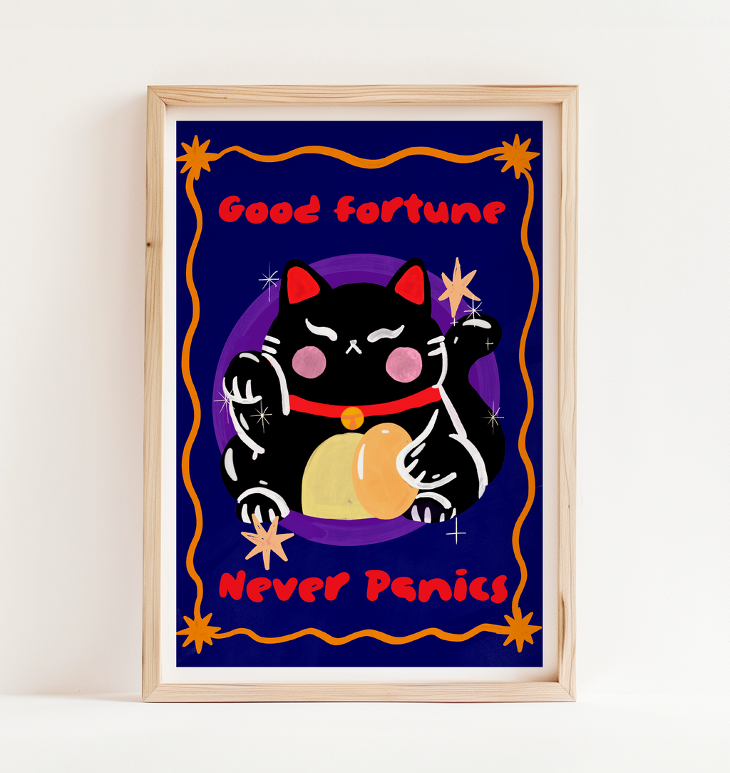 Good Fortune, Never Panics black lucky cat art print framed on white background
