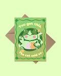 Green card with a cat illustration and text on a light green background