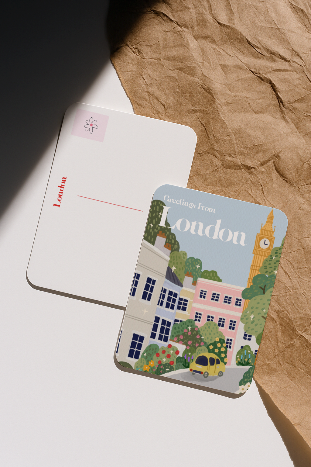 Back of Greetings From London postcard with address and message layout.