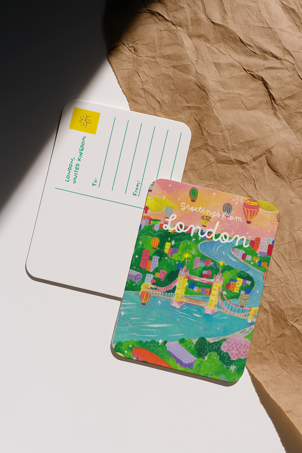 Notebook with a colorful illustration of London on a textured surface