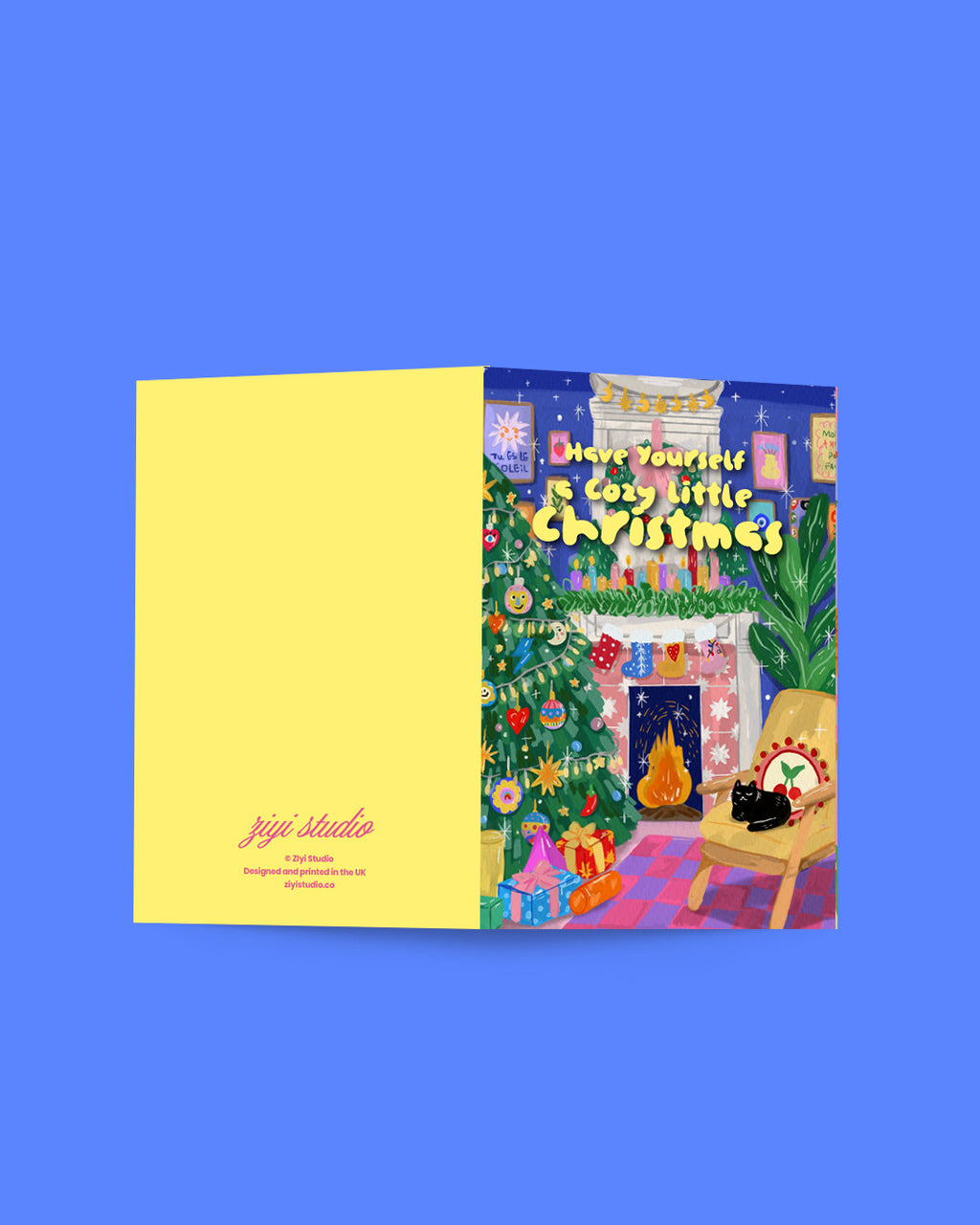 Christmas-themed product packaging with a festive scene on a blue background