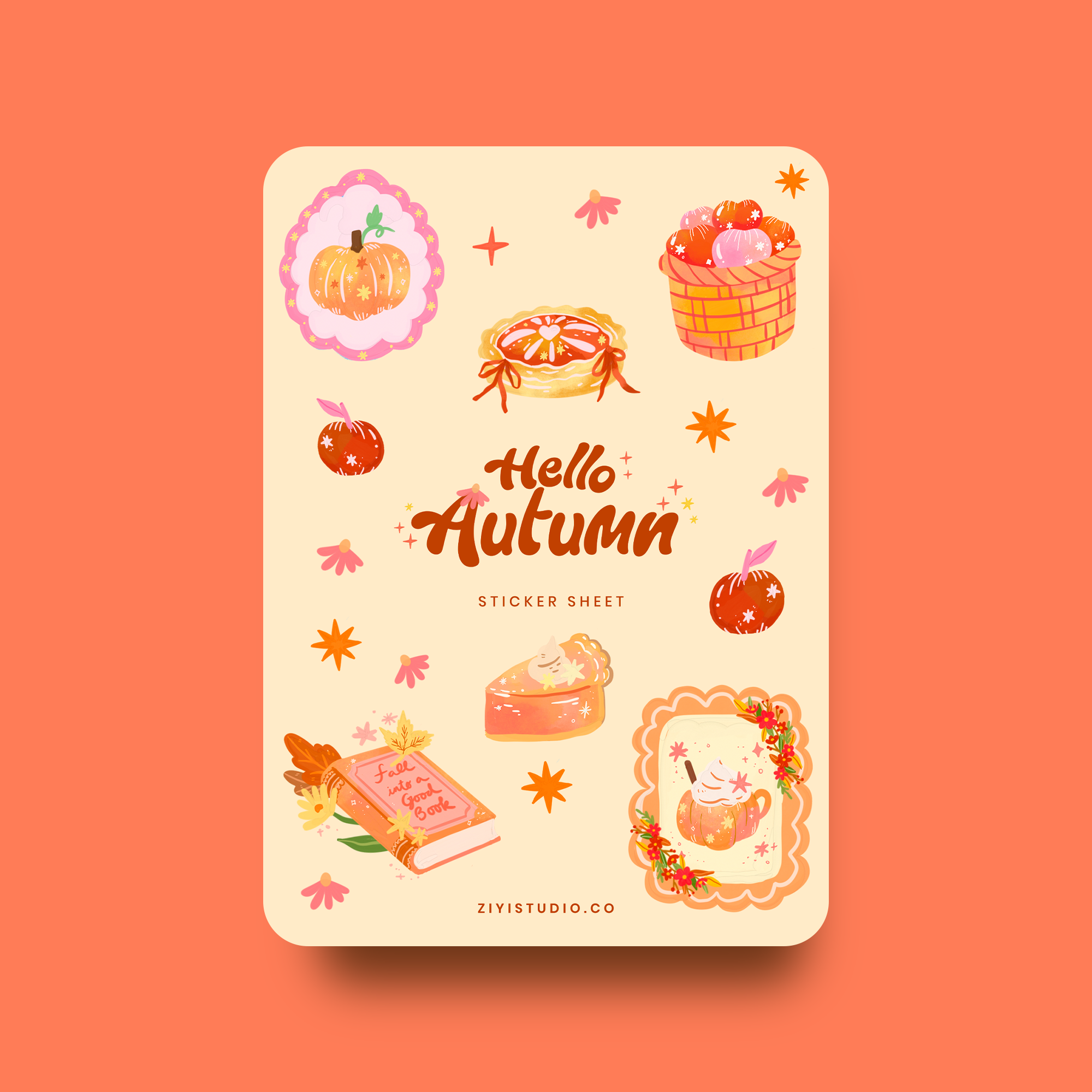 Sticker sheet with autumn-themed illustrations on a peach background