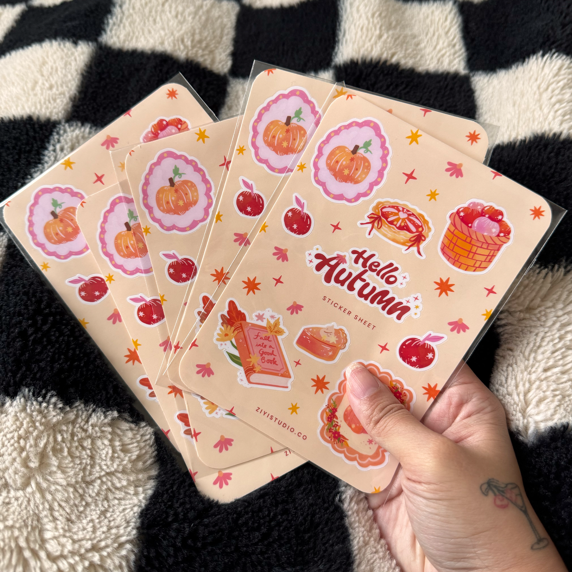 Hand holding a 'Hello Autumn' sticker sheet with fall-themed designs on a checkered background.