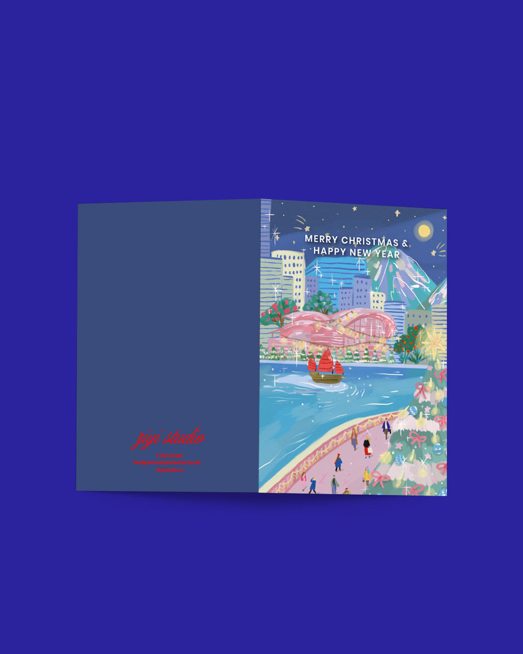 Greeting card with Christmas and New Year design on a blue background