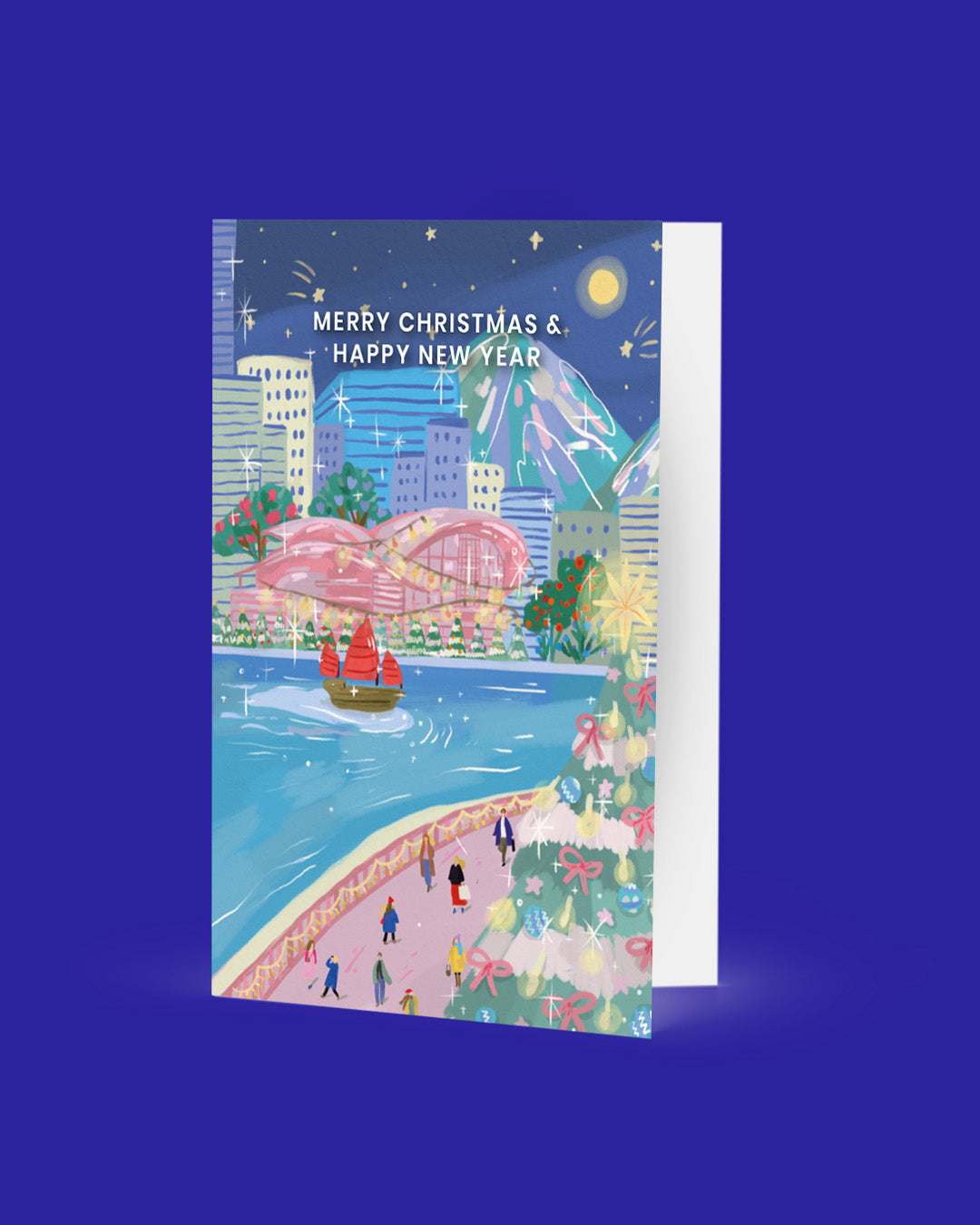 Greeting card with Christmas and New Year design featuring a cityscape, boat, and people on a blue background.