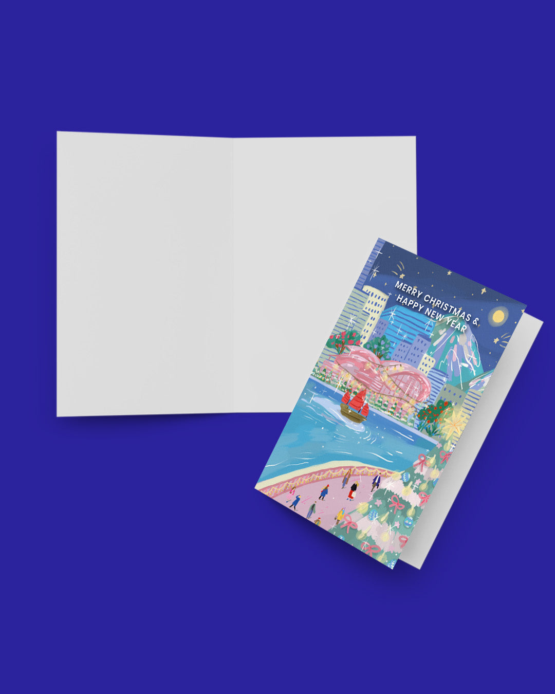 Greeting card with festive design on a blue background