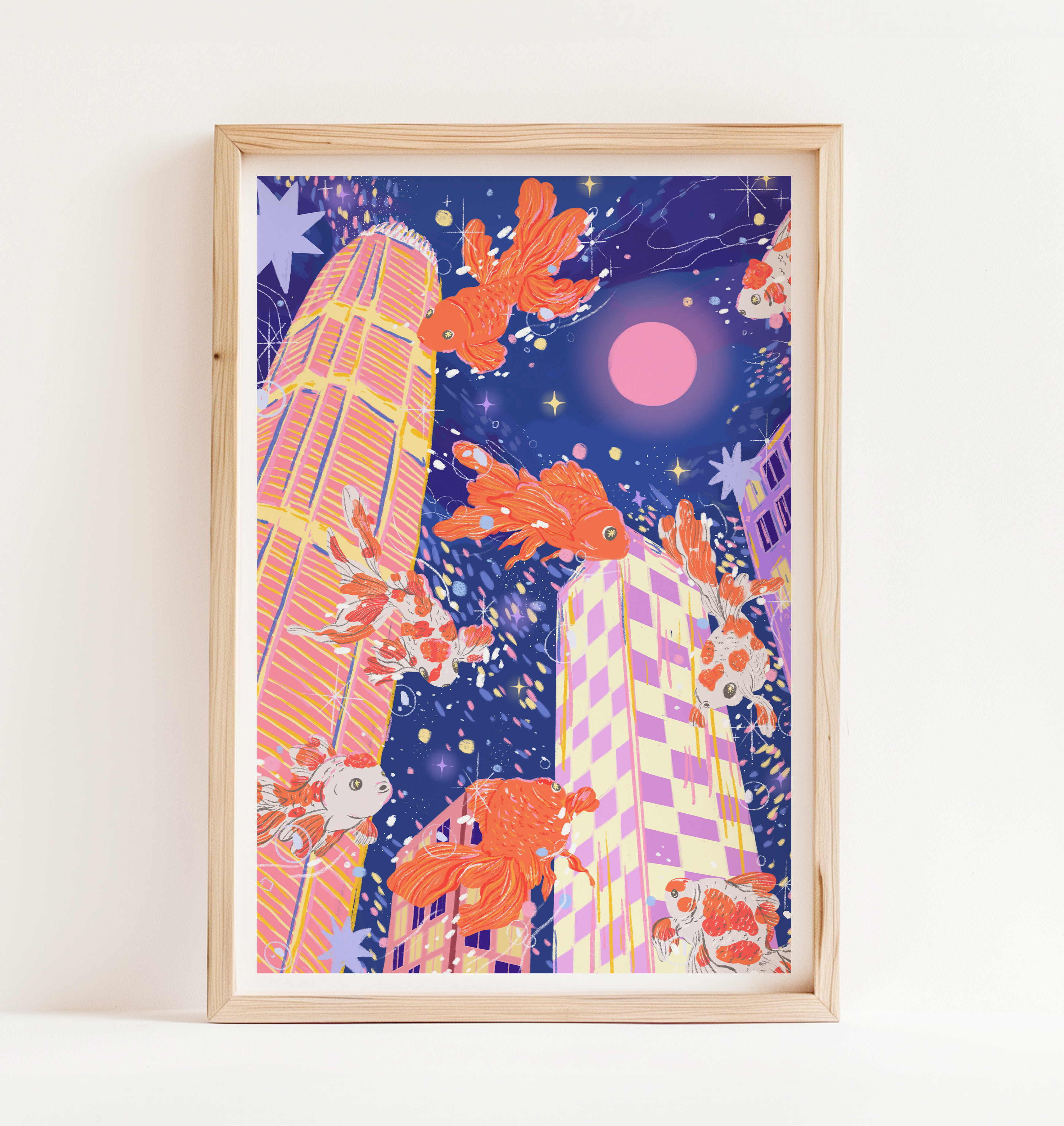 Cityscape fantasy artwork with goldfish in frame – pink moon and vibrant stars
