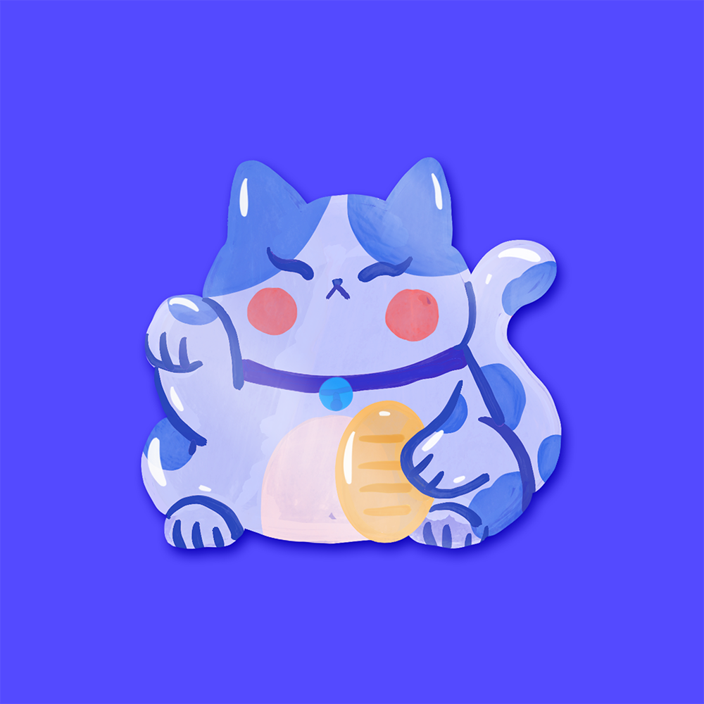 Blue lucky cat Maneki-neko vinyl sticker with golden coin, peace and harmony symbol