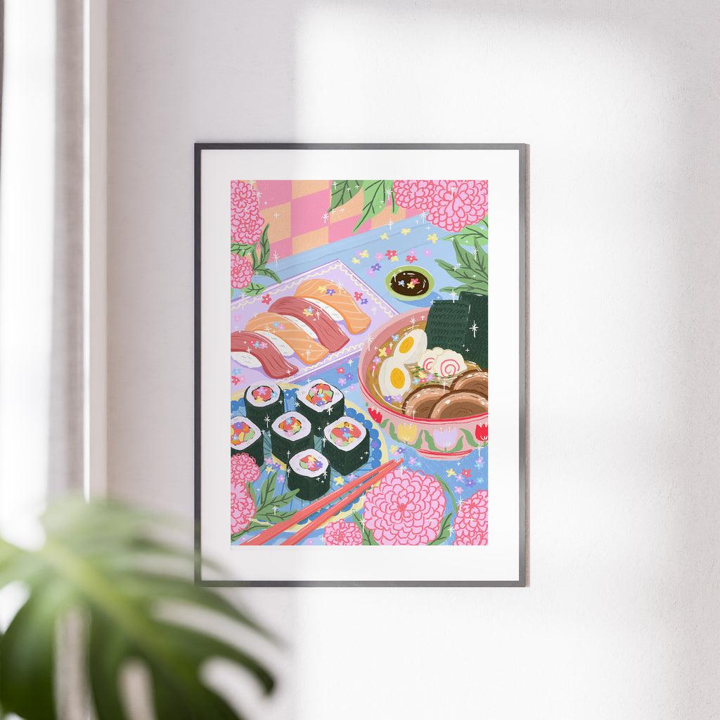 Sushi & Ramen Time Japanese cuisine art print pastel and floral details