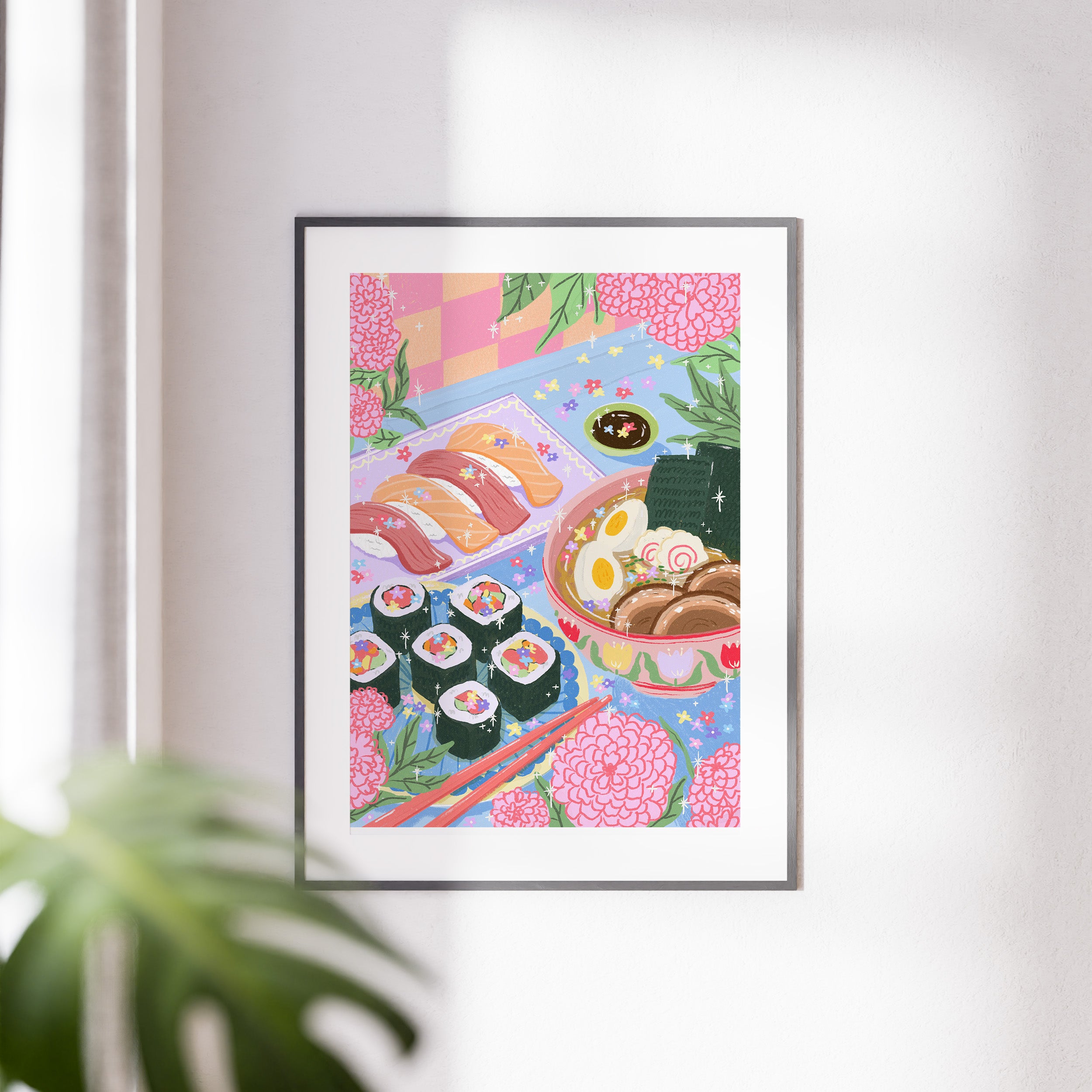 Sushi & Ramen Time Japanese cuisine art print pastel and floral details