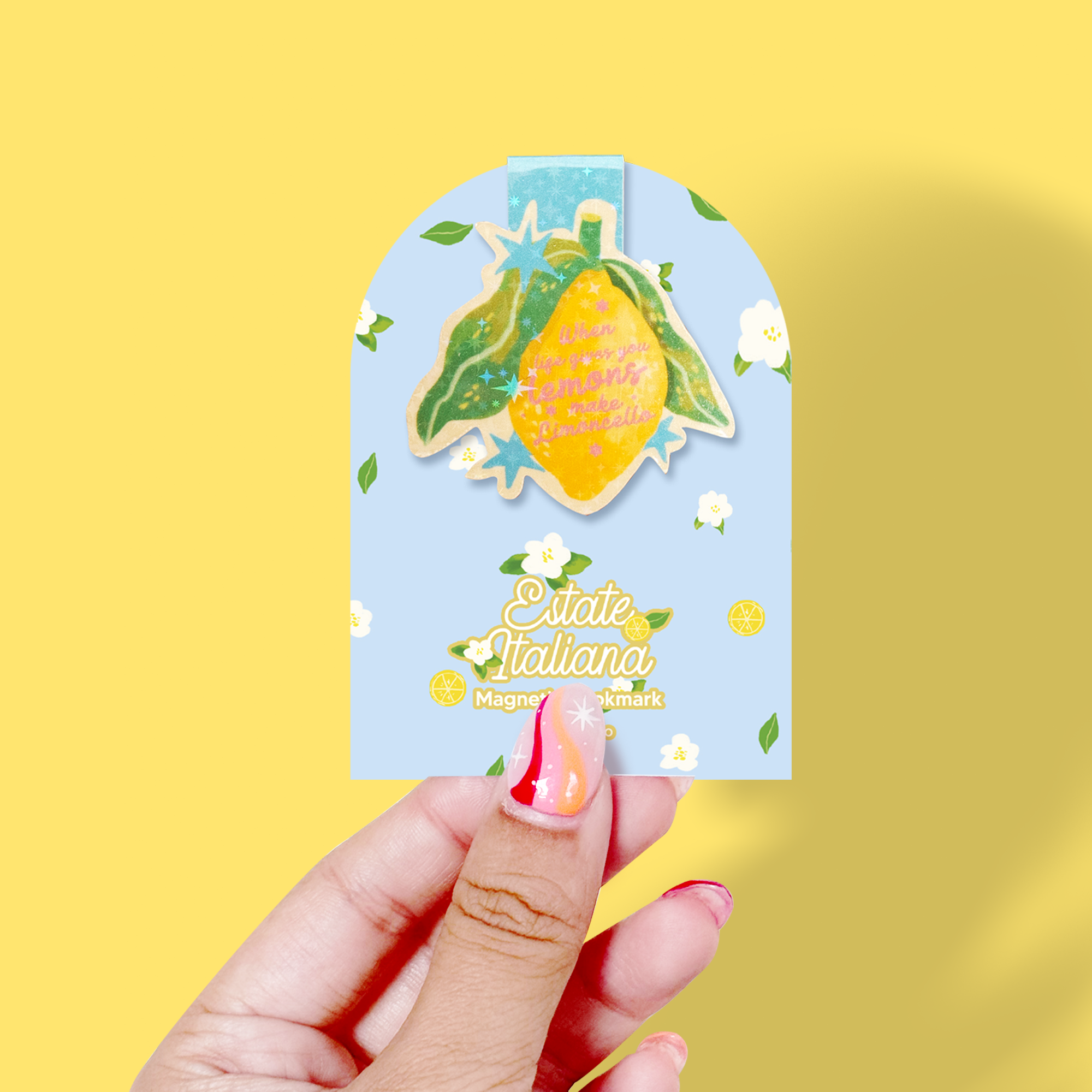 When Life Gives You Lemons Magnetic Bookmark on full display with blue floral backing card