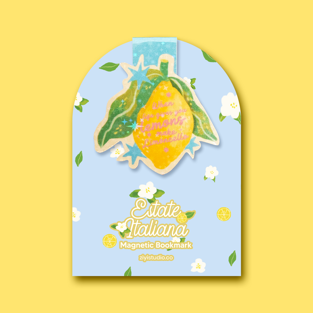 When Life Gives You Lemons Magnetic Bookmark held in hand with backing card, pastel yellow background