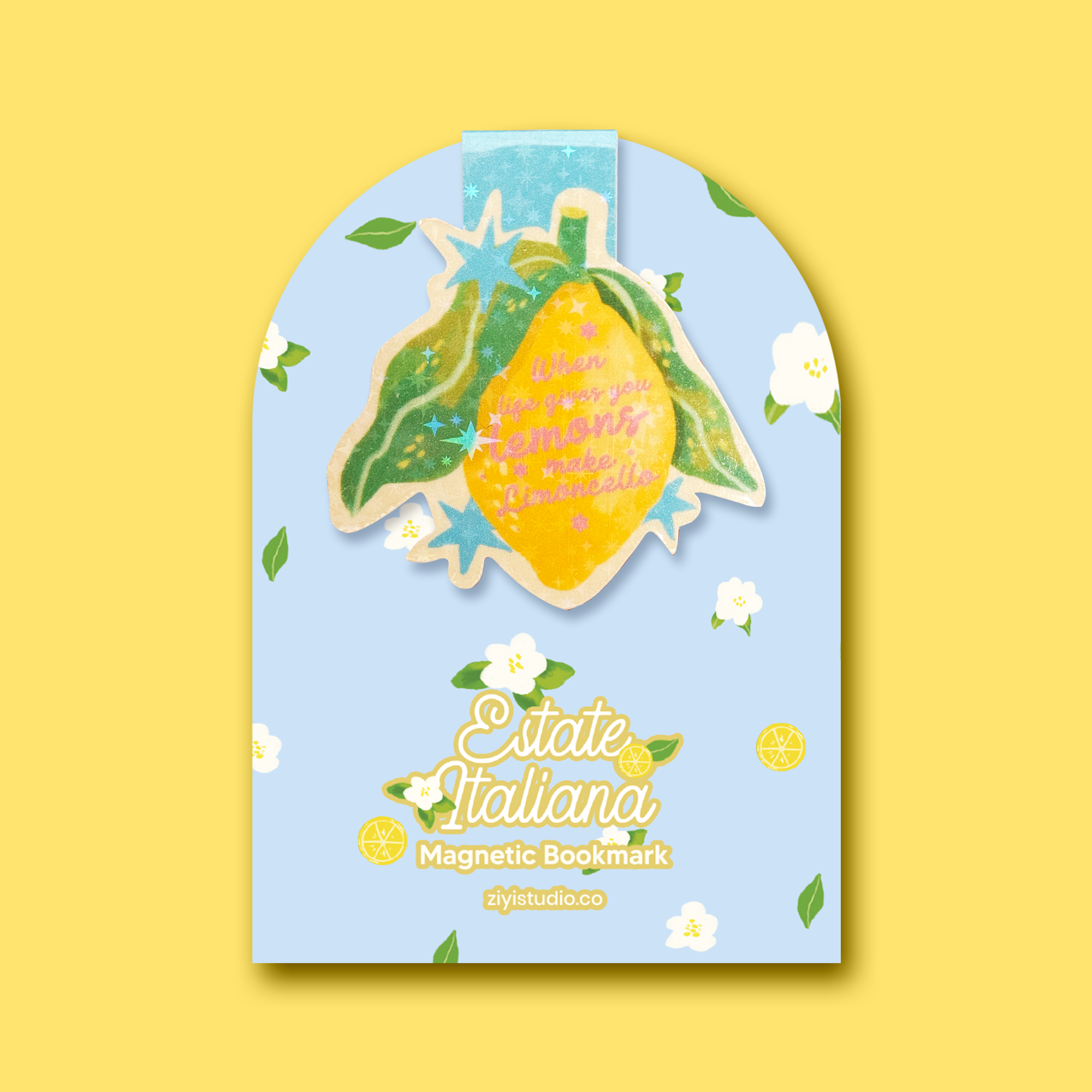 When Life Gives You Lemons Magnetic Bookmark held in hand with backing card, pastel yellow background